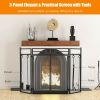 3-Panel Folding Wrought Iron Fireplace Screen with Doors and 4 Pieces Tools Set
